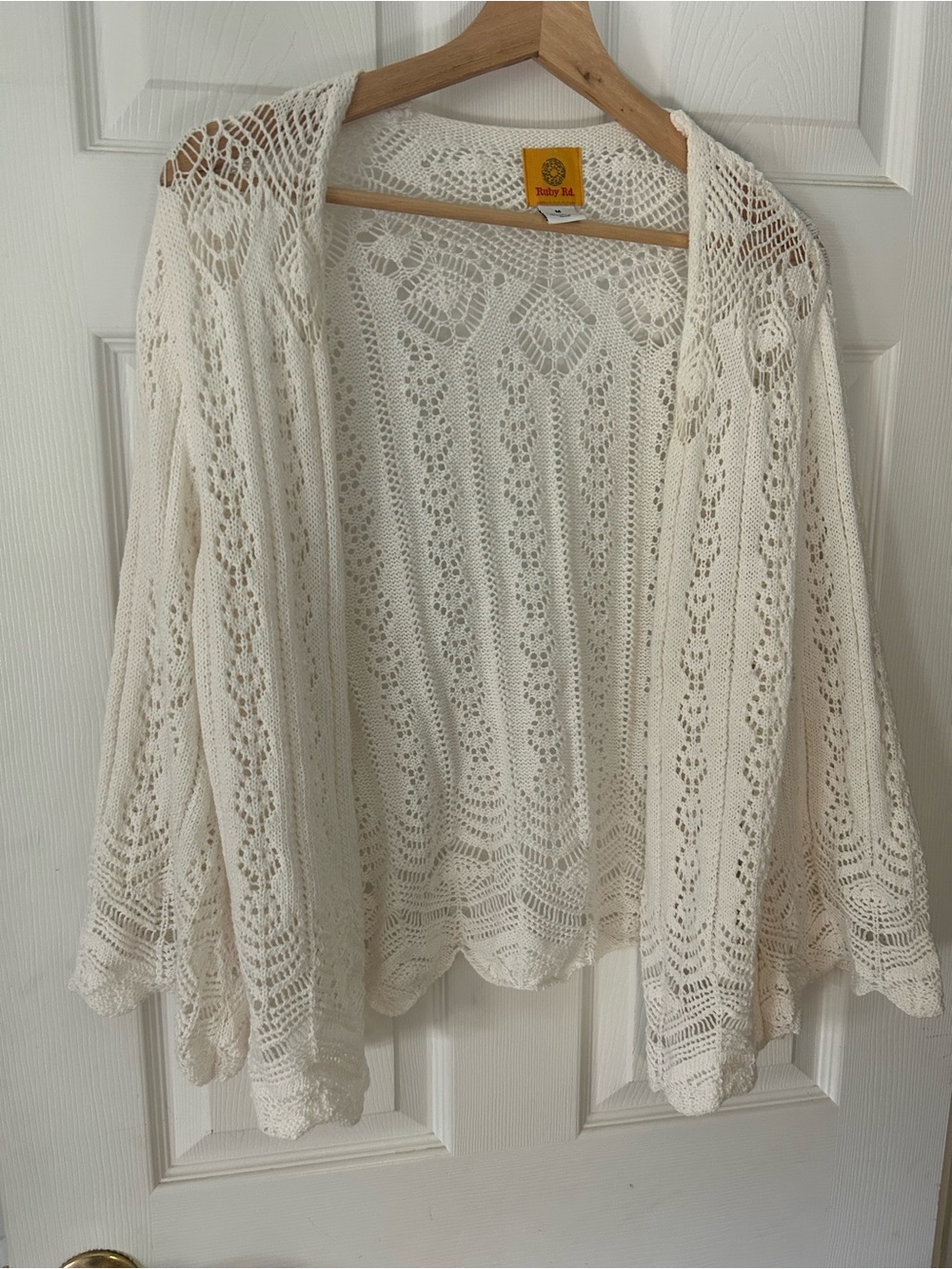 Ruby Rd. Cream Openwork Knit Cardigan with Lace Detail